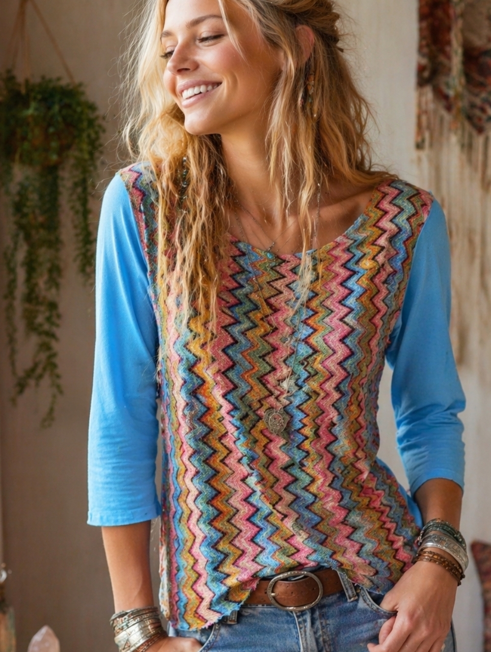 Rainbow Vibrant Zigzag Blouse with Sky Blue Sleeves